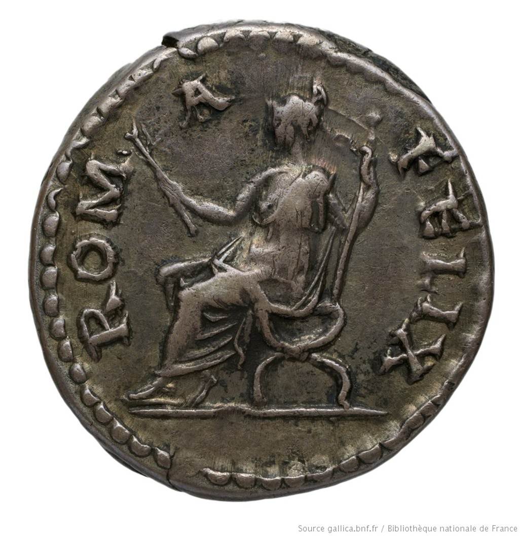 "Rome assise sur une chaise curule" - monnaie d’Hadrien, (134-138 apr. J.-C)