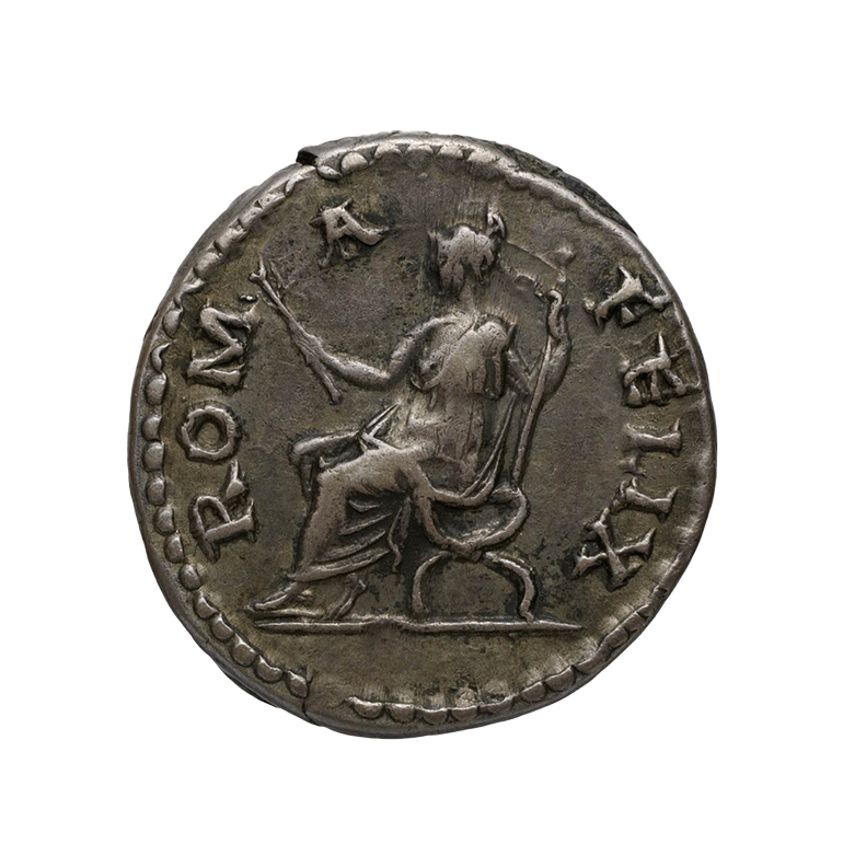 "Rome assise sur une chaise curule" - monnaie d’Hadrien, (134-138 apr. J.-C)